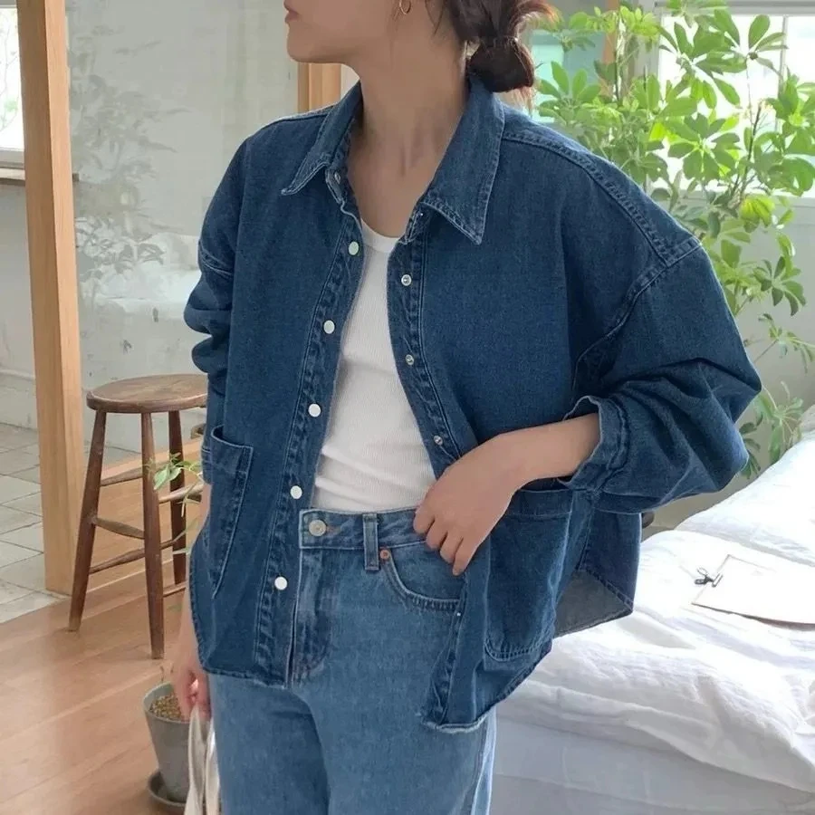 Fashion Loose Long Sleeve Polo Collar Denim Shirt Jacket Women's Spring Korean Retro Single Button Cardigan Basic Coat