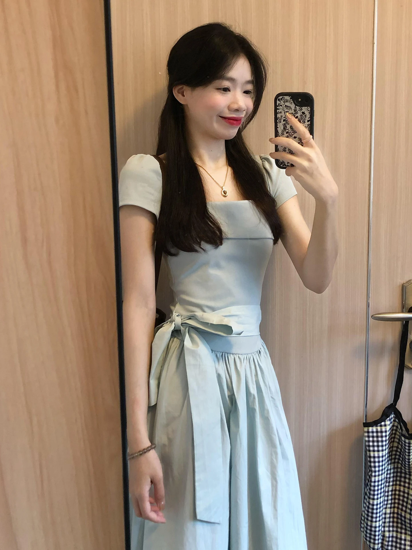 Niebieski kwadratowy kołnierzyk, kokarda, drapowana sukienka damska letnia, podkreślająca talię, w kształcie litery A, długa, drapowana, słodka, w stylu japońskim, z wysokim stanem lub...