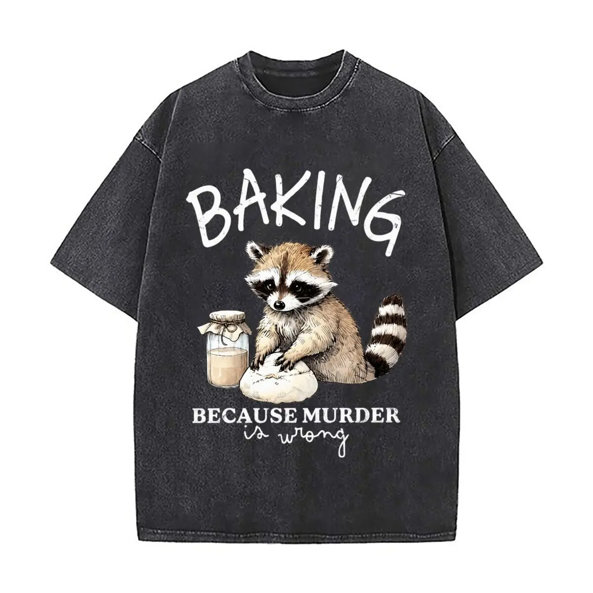 Baking Dough Raccoon With Flour Jar Illustration Washed Vintage Short Sleeve Loose Streetwear Tee