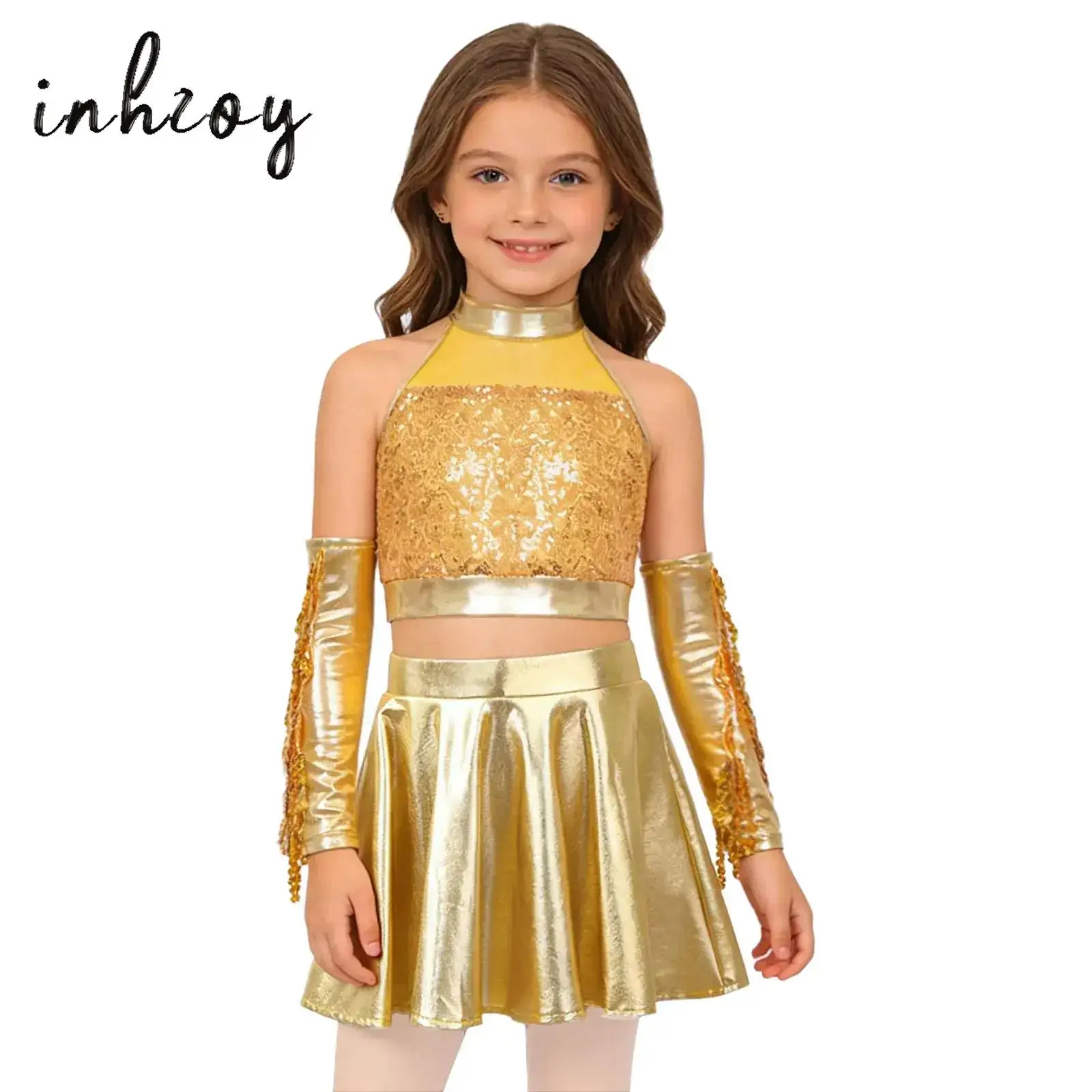 

Детский костюм для танцев в стиле хип-хоп и джаз для девочек, топ без рукавов с пайетками и металлической юбкой, перчатки с кисточками, комплект для танцев