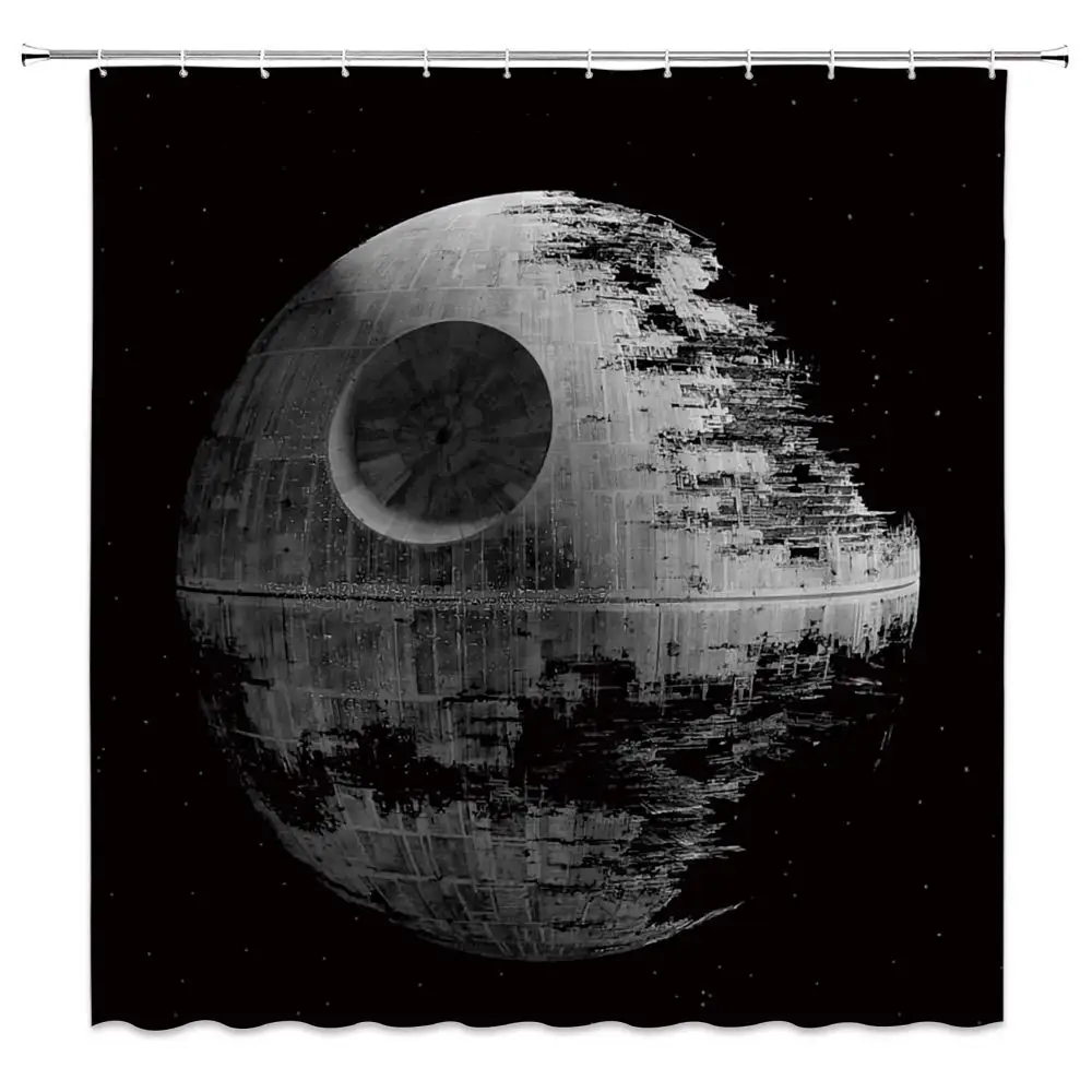 Death Planet Cortina de ducha Death Stars Cortinas de ducha de baño negras y grises, decoración de bañera de baño de tela de poliéster con ganchos