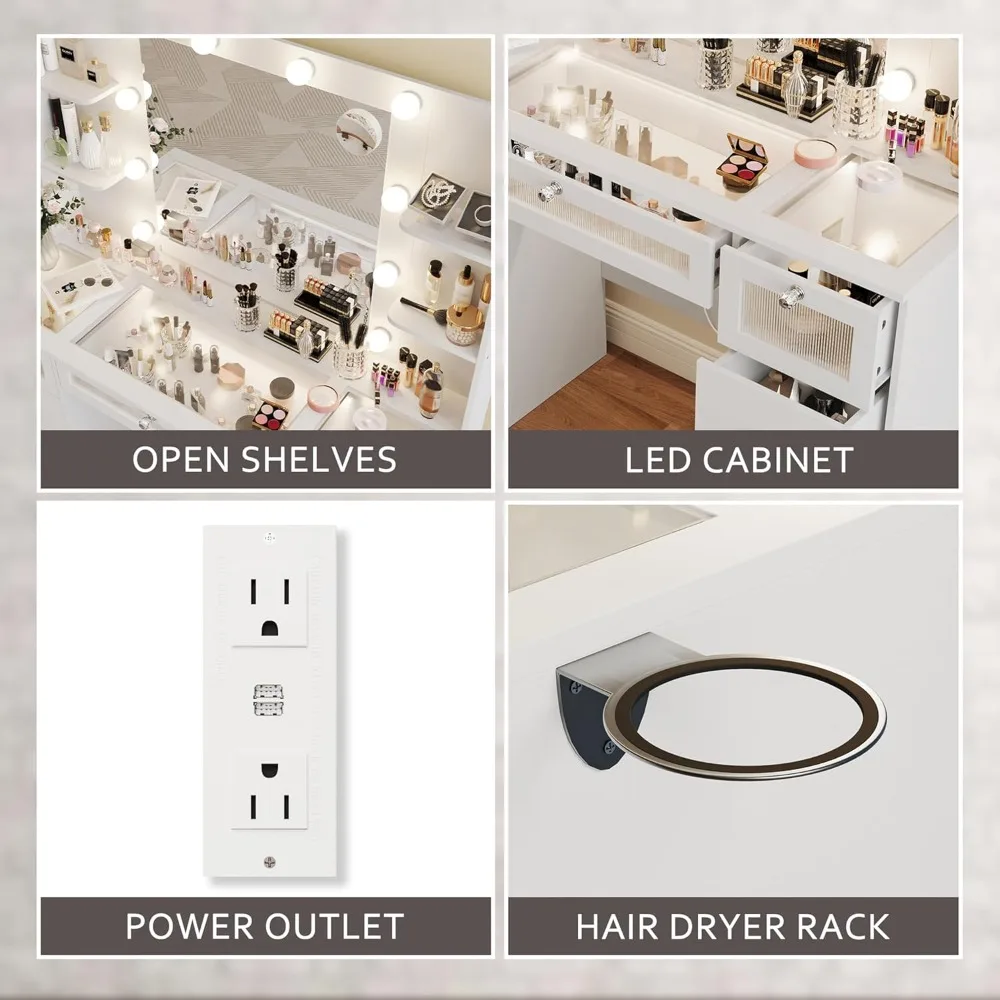 White dressing table with light colored mirror, equipped with 9 drawers, 3 colorful Hollywood light bulbs, and 4 shelves image 5