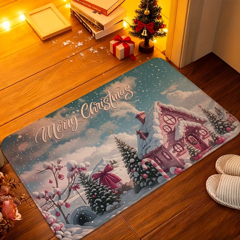 Pink Snow Gingerbread House welcome rug,bedroom,living room,indoor,balcony Mat,Entry Door Rug home decor Christmas Present