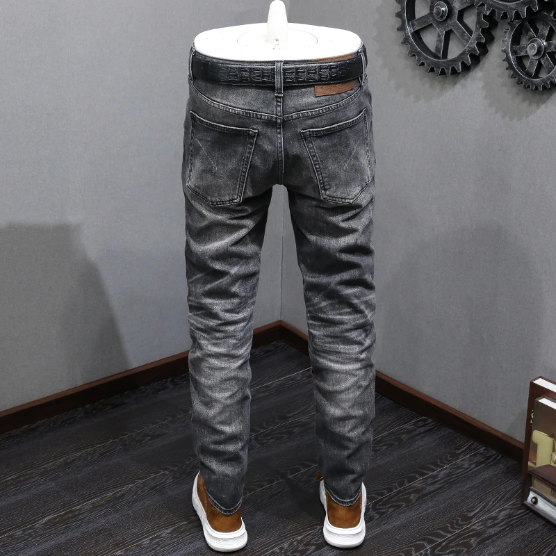 Fashion Designer Men Jeans High Quality Retro Black Gray Stretch Slim Fit Ripped Jeans Men Vintage Casual Denim Pants Hombre