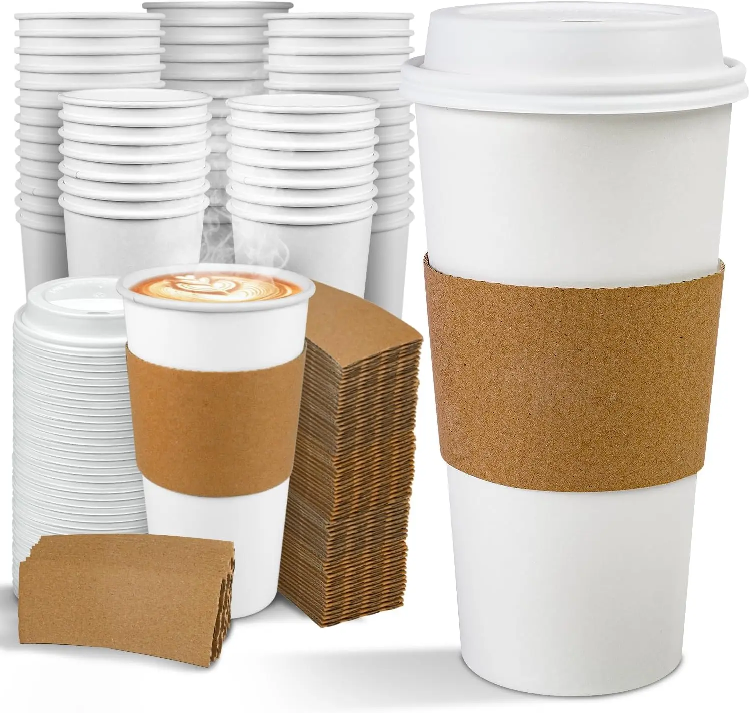 

100 Pack 20 oz Disposable Paper Coffee Cups with Lids and Sleeves, Hot/Cold Drink Cups for Office, Parties, and Cafes