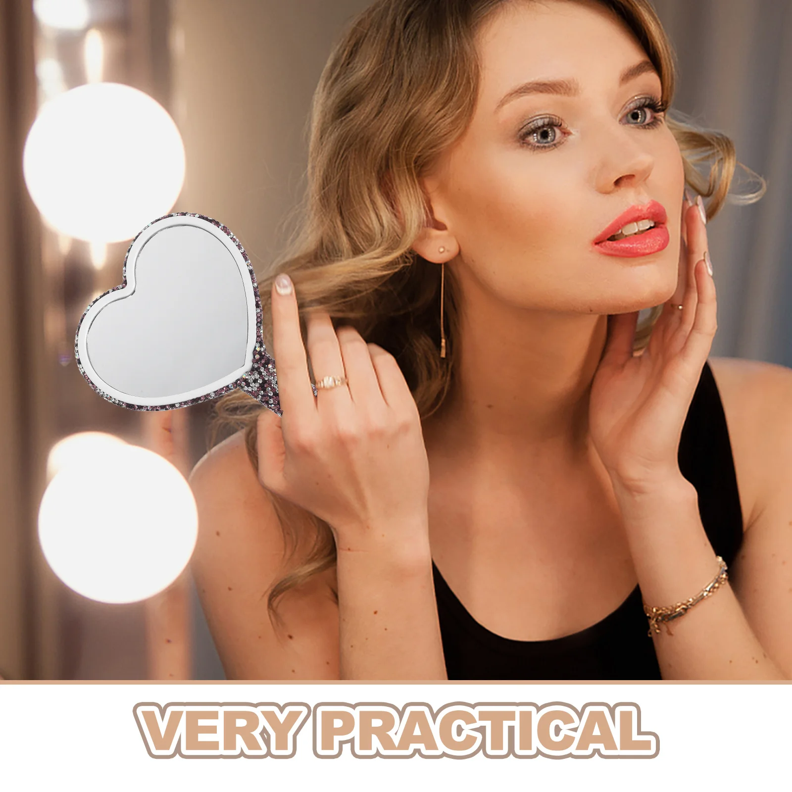 Heart Shaped Rhinestone Portable Handheld Mirror Travel Makeup Vanity Glitter Mirror Valentines Wedding