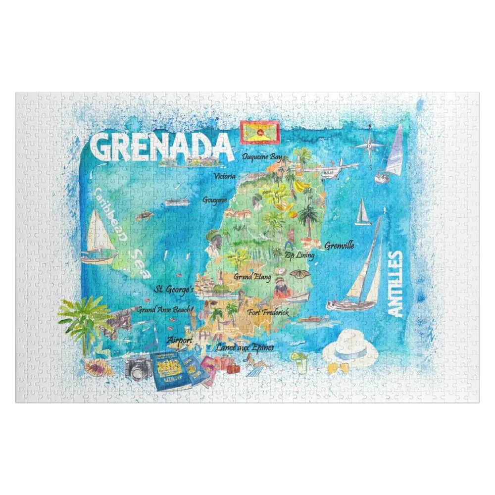 

Grenada Antilles Illustrated Caribbean Travel Map with Highlights of West Indies Island Dream Jigsaw Puzzle