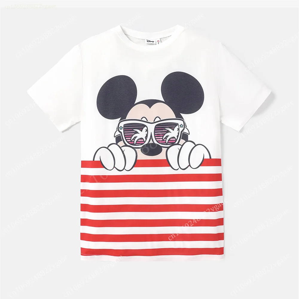 Summer Mickey Mouse Minni Stripe T Shirt For Kids Boy Girls Women Men Top Tee Family Clothes Costume Streetwear