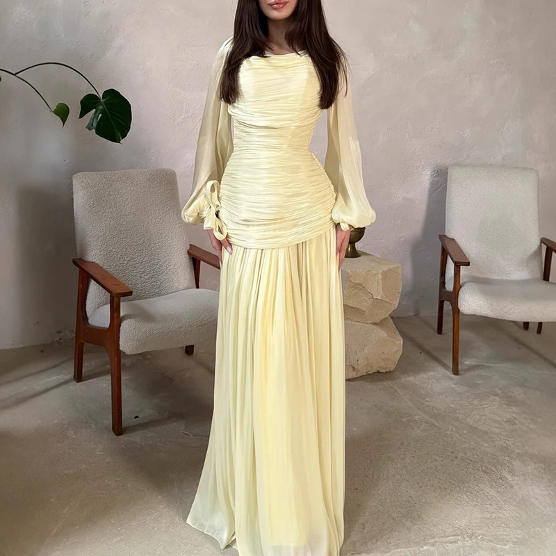 

2026 New Spring Pleated Solid Color Maxi Dress Women O-neck Long Sleeved High Waist Party Dress Elegant Temperament Robe Dresses