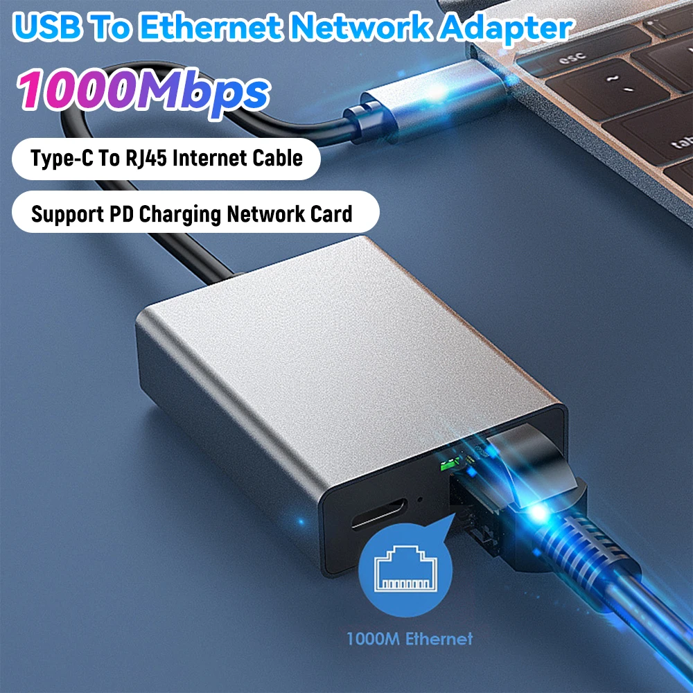 1000Mbps Type C to Ethernet Adapter To RJ45 Internet Cable Plug and Play USB Support PD Charging for Mobile Phone Android Device