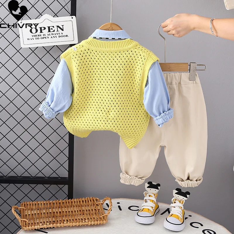 New 2023 Kids Spring Autumn Solid V-neck Knit Vest Lapel Shirt with Casual Pants Baby Boys Fashion Three-piece Clothing Sets