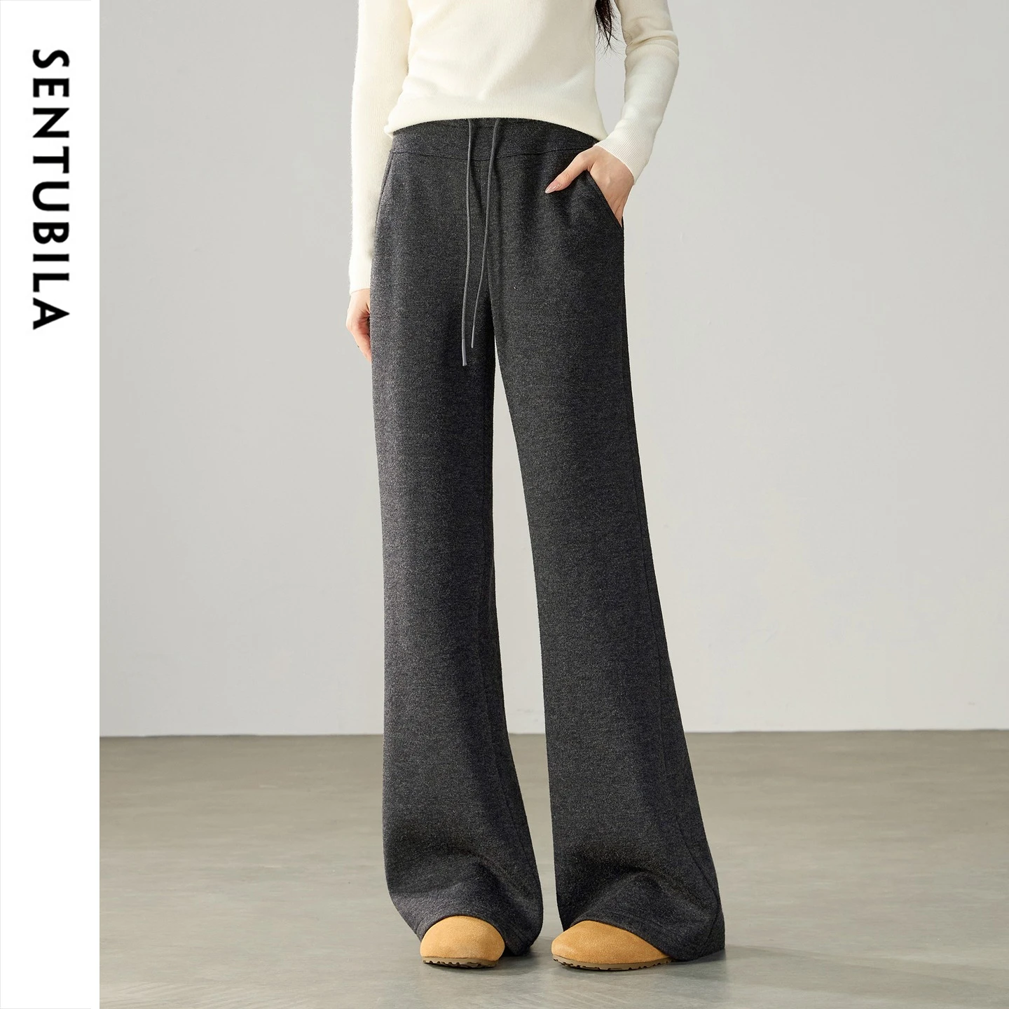 SENTUBILA Women's Flared Pants Winter Fleece Lined Thick Knitted Long Pants Slim Commuting Casual Dark Grey Trousers 164KH6343