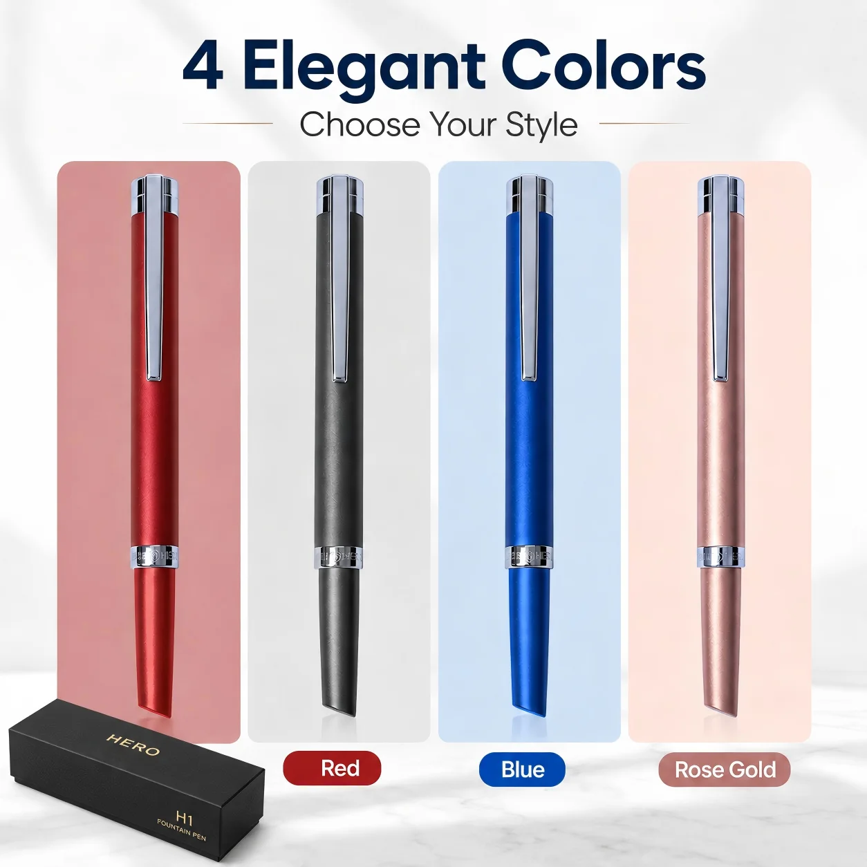 HERO 8203 Fountain Pen, 0.5mm Stainless Steel Irridium Nib, 4 Colors, Gift Box, Swivel Ink Converter, Slip-Resistant for Writing
