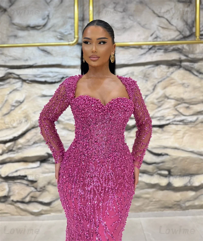 Aso Ebi Formal Long Sleeves Mermaid Prom Dresses 2025 Beaded Arabic Evening Dress Sequined Party Gowns Birthday Engagement Dress