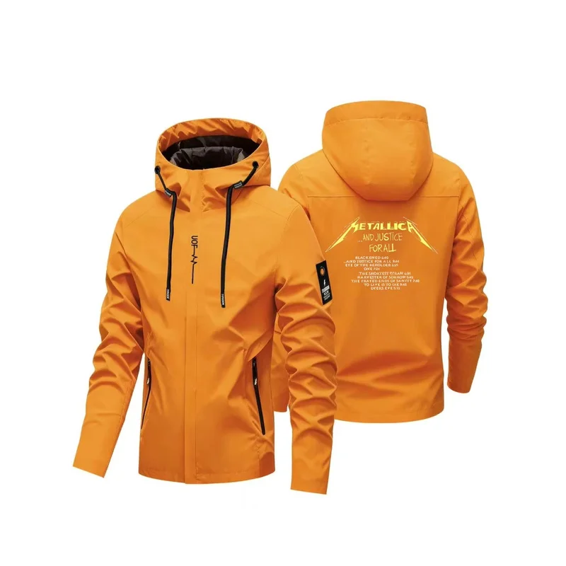 Men's hooded windbreaker jacket, featuring a Metallica rock band print, ideal for casual, outdoor sports, and