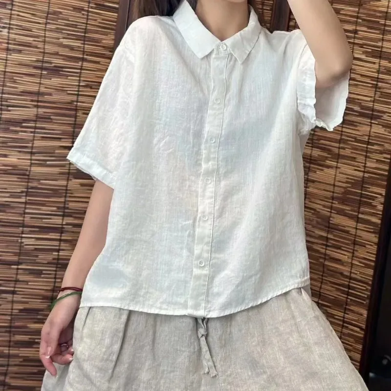 

Women's Brown Linen Button Down Shirt with Short Sleeves Casual Loose Blouse
