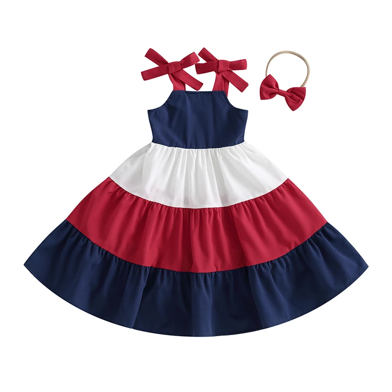 Kids Girls Princess Dress Contrast Color Tie-Up Shoulder Straps Sling Dress Pageant Party Dress with Headband