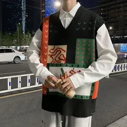 Knit Sweater Male Vest Patchwork Black Cute Sleeveless Men's Clothing Waistcoat Graphic Korean Style Winter 2025 New in Fashion