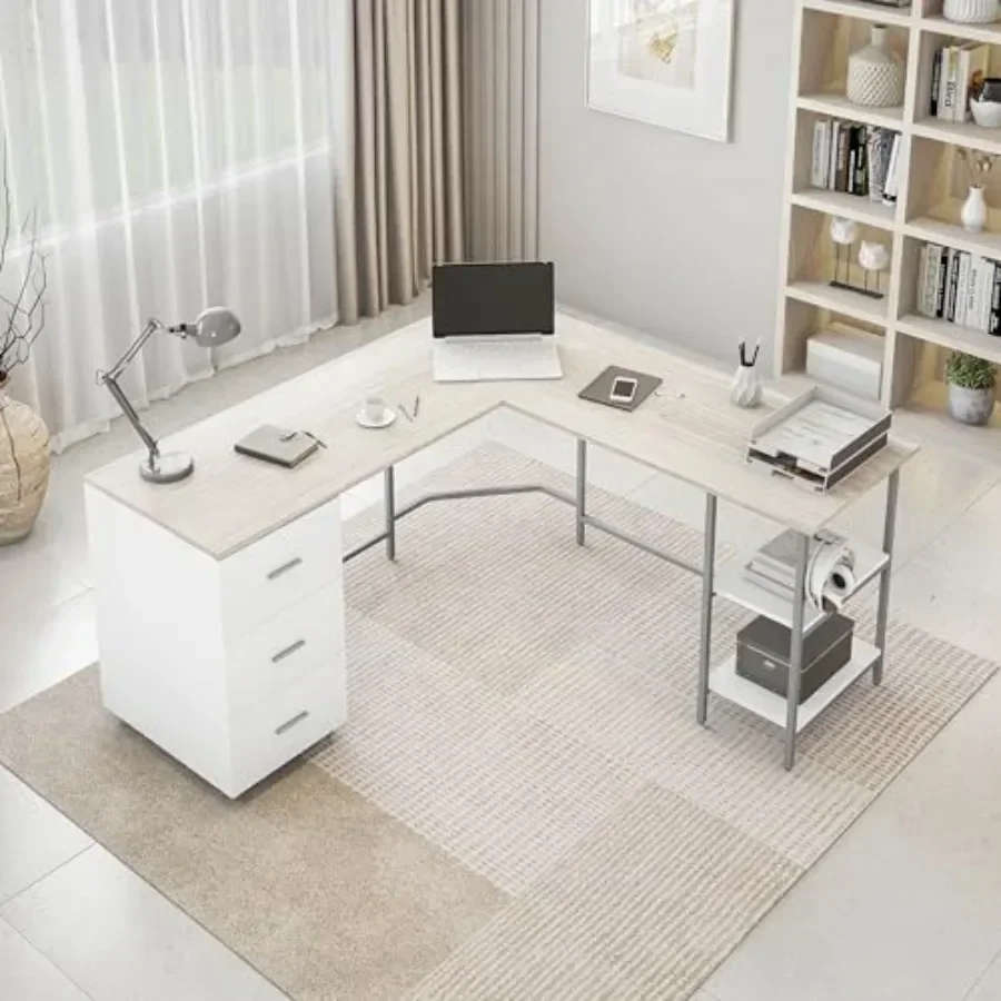 Two-Tone L-Shaped Office Desk with Storage Shelves, Engineered Wood, Gray and White, Space-saving Design with Integrated Shelvi
