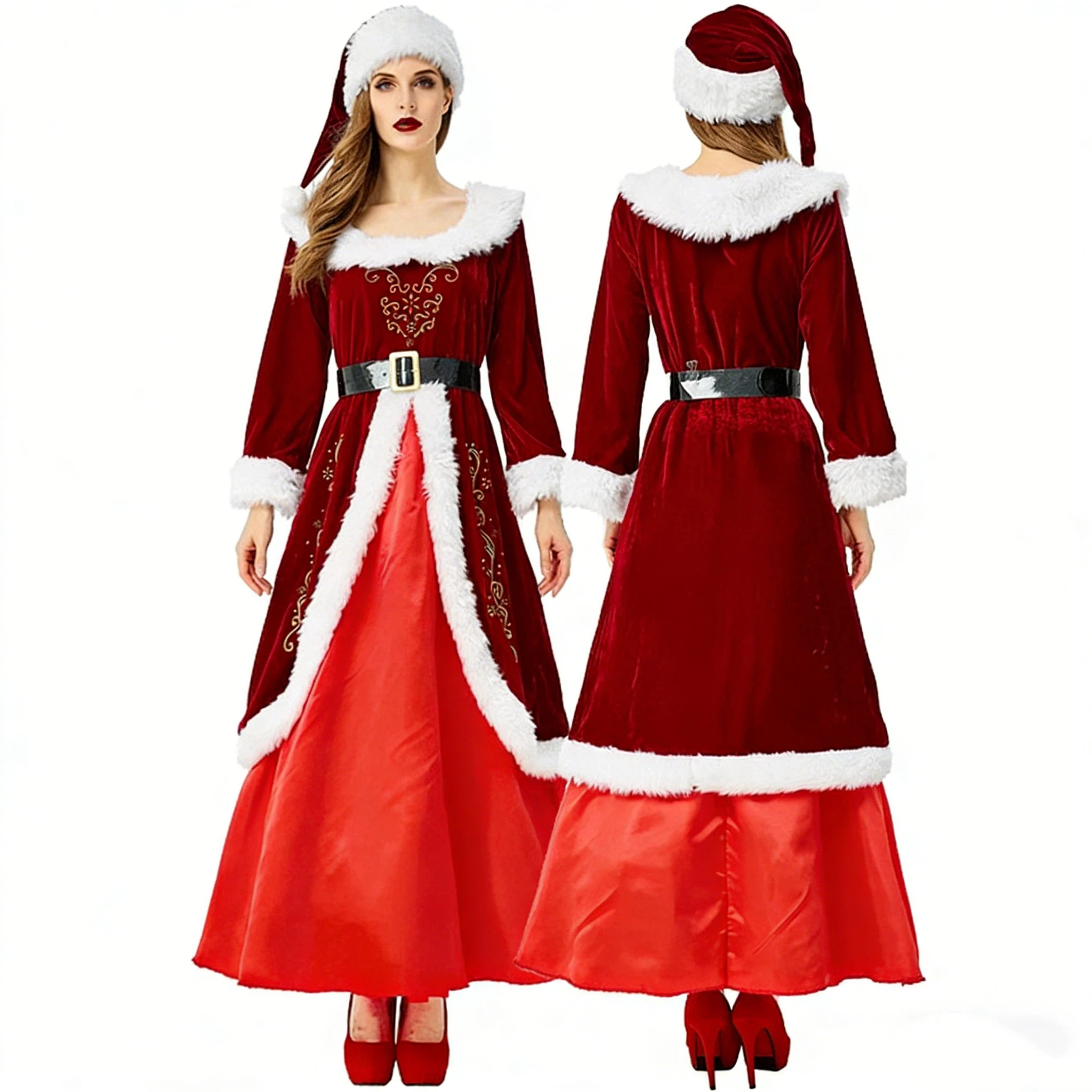 

Carnival Party Velvet With Hat Christmas Xmas Queen Cosplay Costumes Santa Claus Women Sexy Christmases Long Dress With Suit
