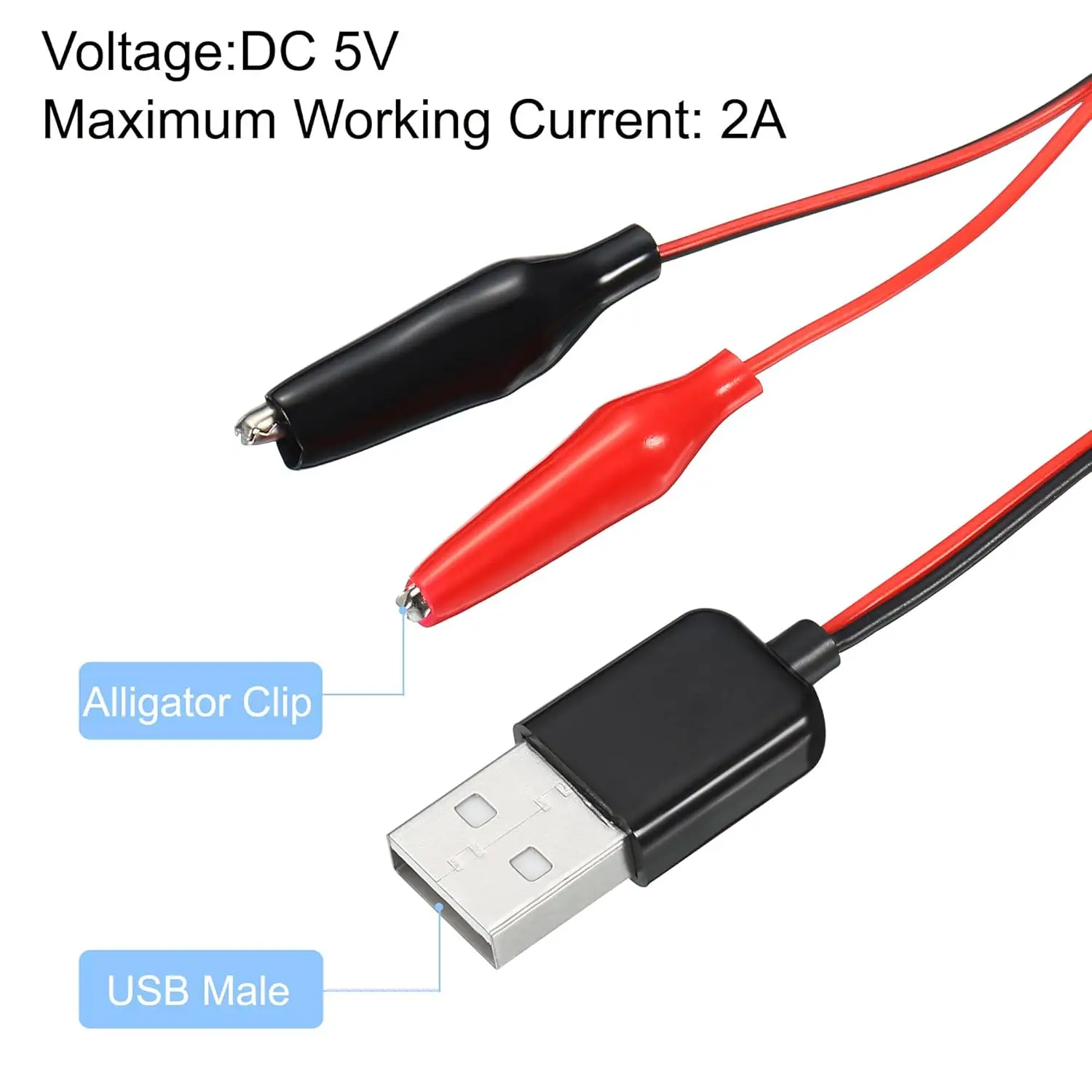 Clip per test a coccodrillo Morsetto a presa USB maschio Puntali Connettore Adattatore di alimentazione Cavo Cavo da 50 cm Rosso Nero
