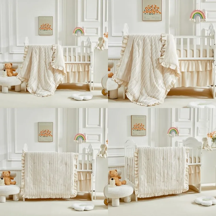 

3 Pieces Tufted Stripes Crib Bedding Set with Ruffle Fringe, Ruffled Comforter with Fitted Sheet and Bed Skirt, Soft and Embroi