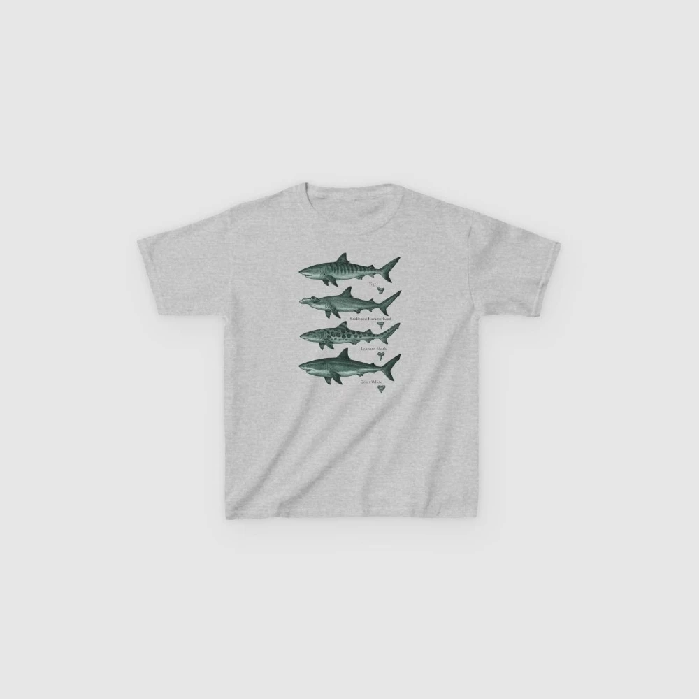 Shark Species T-Shirt Vintage Style Marine Biology Men T-Shirt Featuring Natural Tiger Shark Hammerhead Shark and Leopard Shark