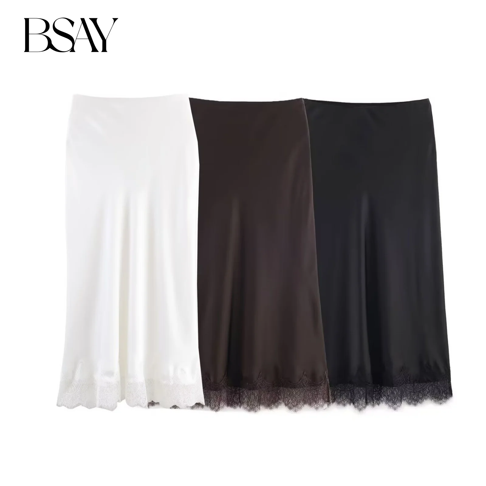 BSAY hem Lace satin skirt women's clothing 2025 autumn new chic female brown French elegant long high waisted MIDI skirts mujer