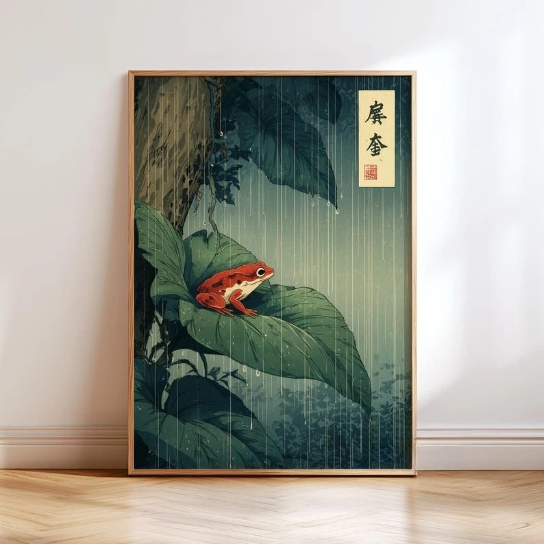 Frameless ,1pc Japanese Frog Canvas Wall Art, Und Vintage Rainforest Wall Art Print, Red Frog on Leaf Poster For Living room Dec