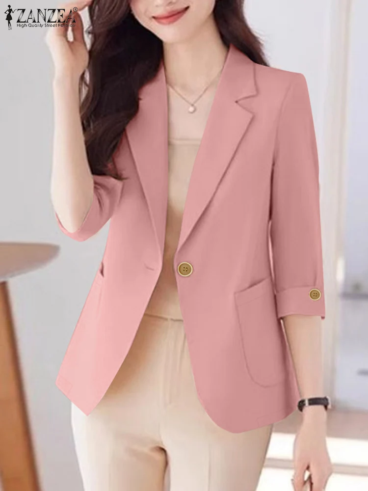 ZANZEA Elegante Zomer Vrouwen Blazer Officewear Suits Jassen Effen Dunne Tops Stijlvolle Revers Hals 3/4 Mouw Lente OL Werk Blazer