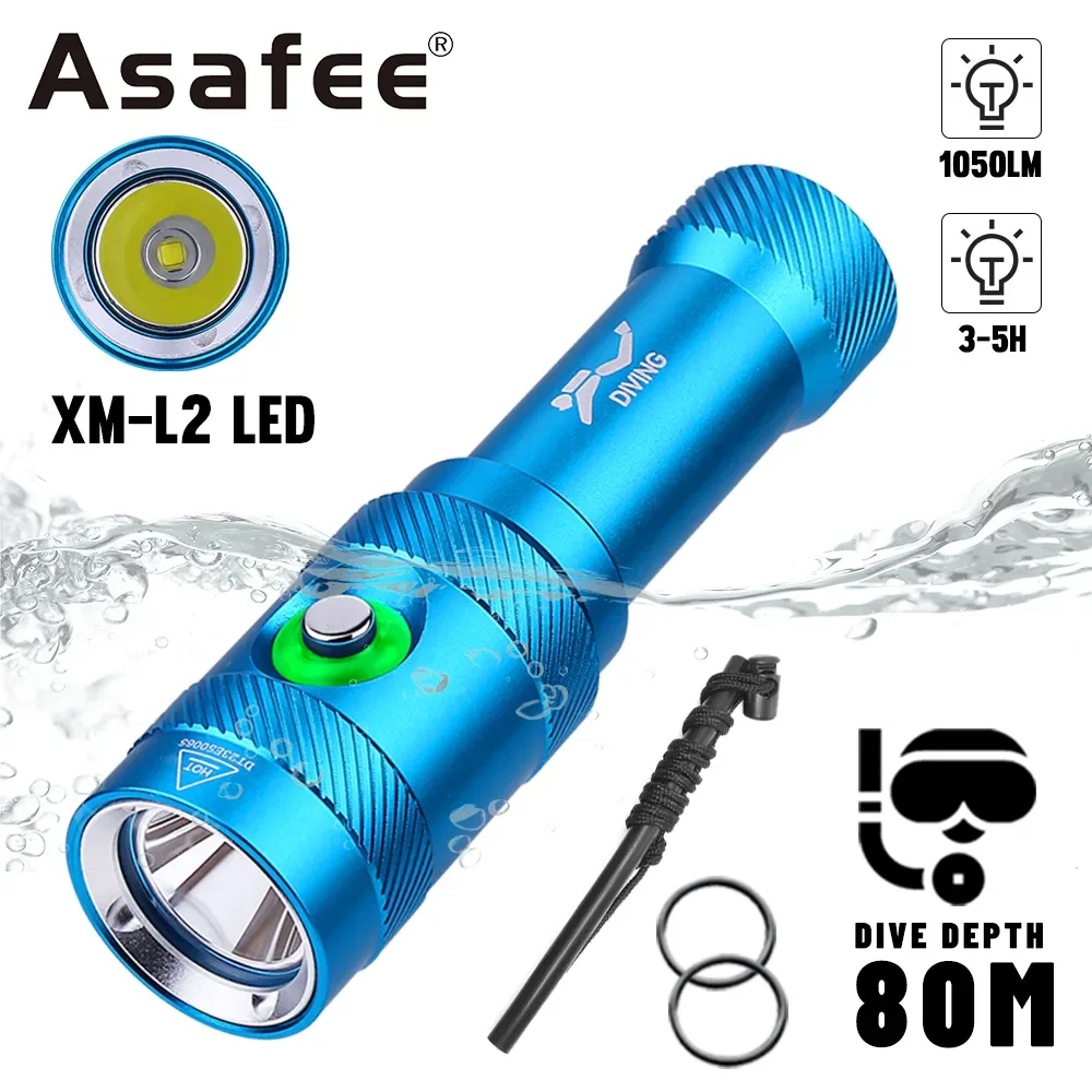 Asafee 80M Underwater 1050LM Diving Flashlight L2 LED Press Switch Lamp IPX8 Waterproof Scuba Lantern 18650 Battery Torch