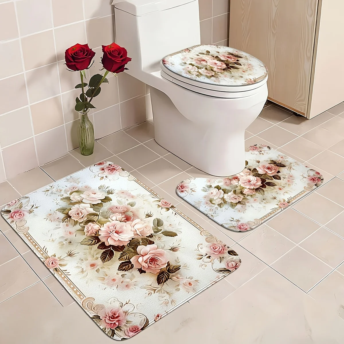 2D Flat 3pcs, Rug Sets Three-Piece Sets with Rose Floral Pattern Print Design Design, 2D Flat Non-3D Bathroom Carpet.