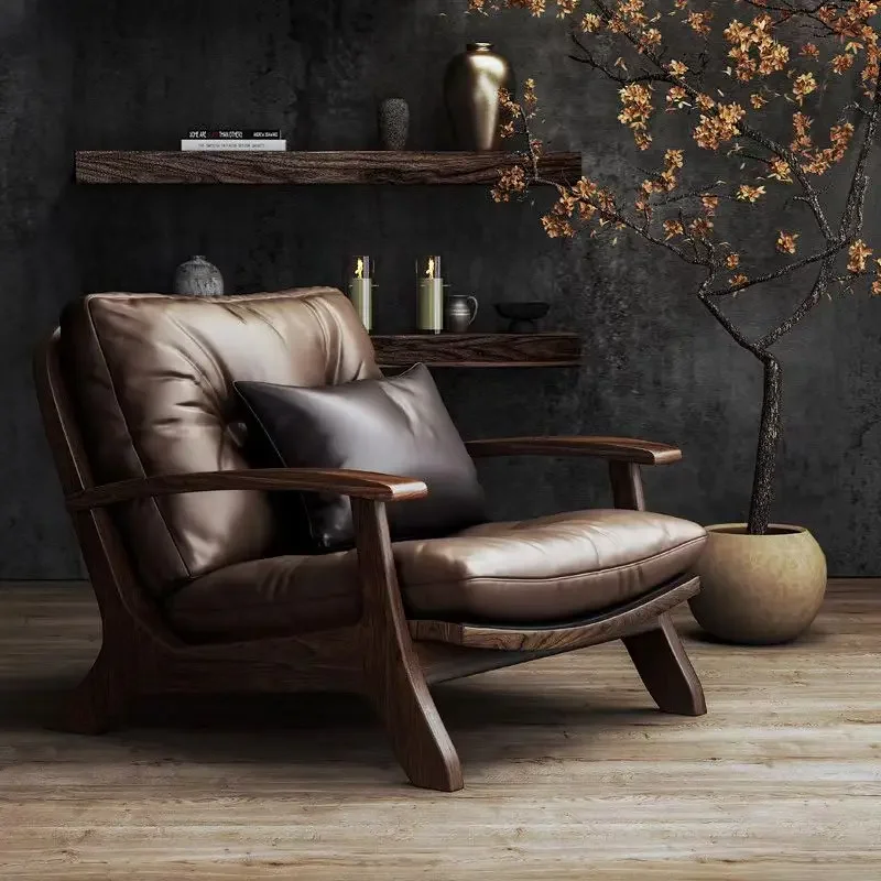 

Solid wood leisure retro leather single designer tea book rest sitting sofa