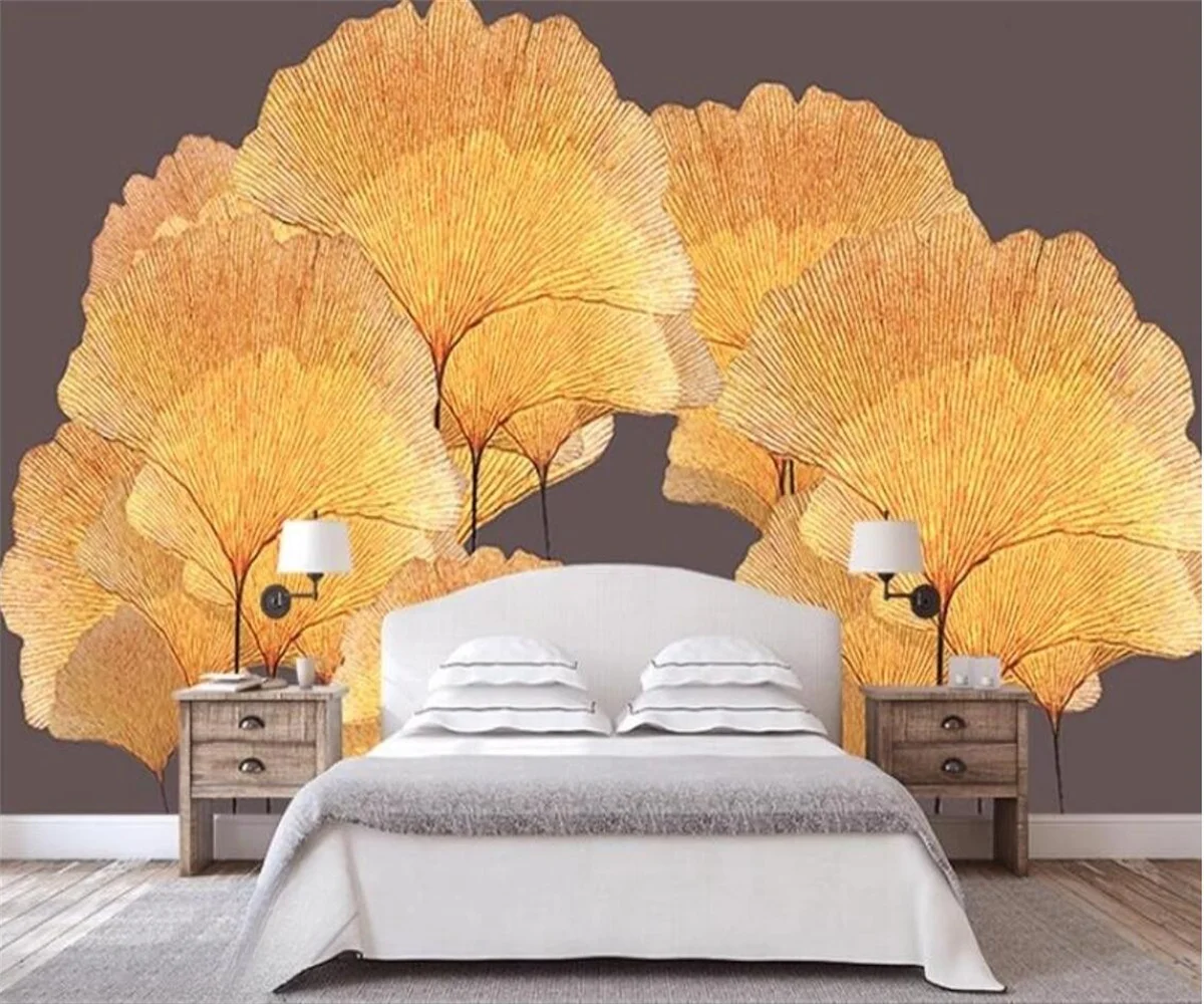 Custom mural French retro high sense sofa background wallpaper Gingko leaf TV living room decoration Wall stickers wallpaper