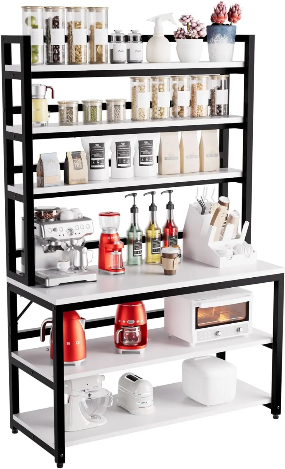 

Aquzee 6 Tiers Bakers Racks for Kitchens, Kitchen Storage Stand with Hutch, White Freestanding Organizer with Shelves