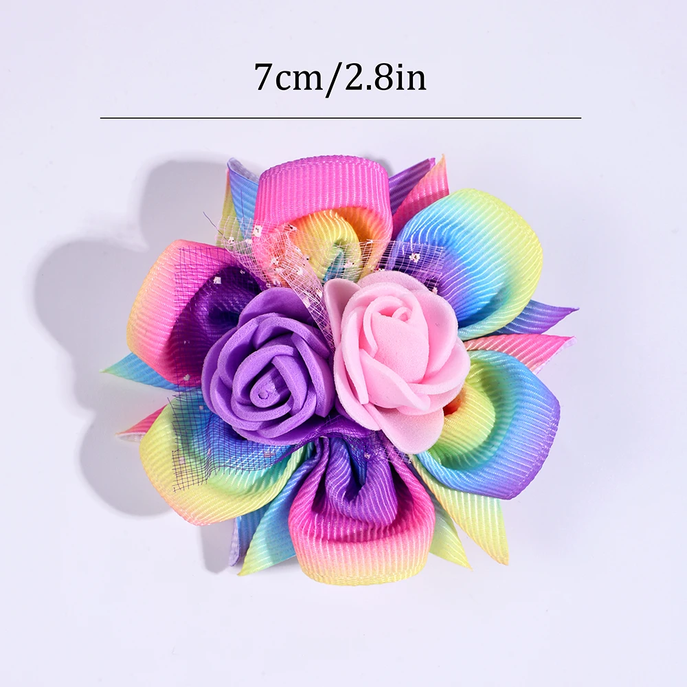 2pcs/Pack Kids\' Rainbow Gradient Woven Ribbon Foam Flower Hair Clips, Children\'s Hair Accessories Hair Clips Hairbows for Girls