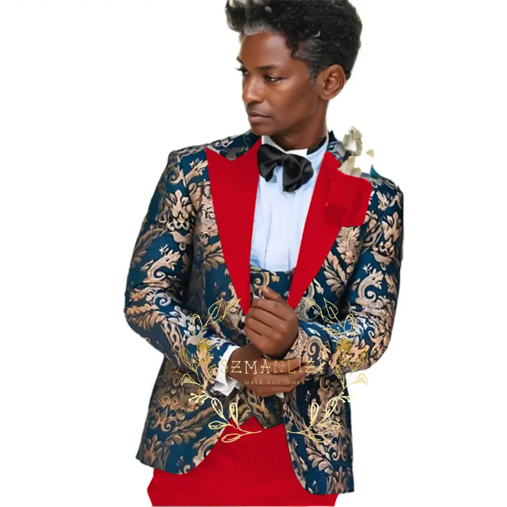 Handsome Suits For Men Navy Blue Gold Floral Costume Homme Mariage 3 Pieces Men Suit Set Tailor Made Formal Tuxedo For Men