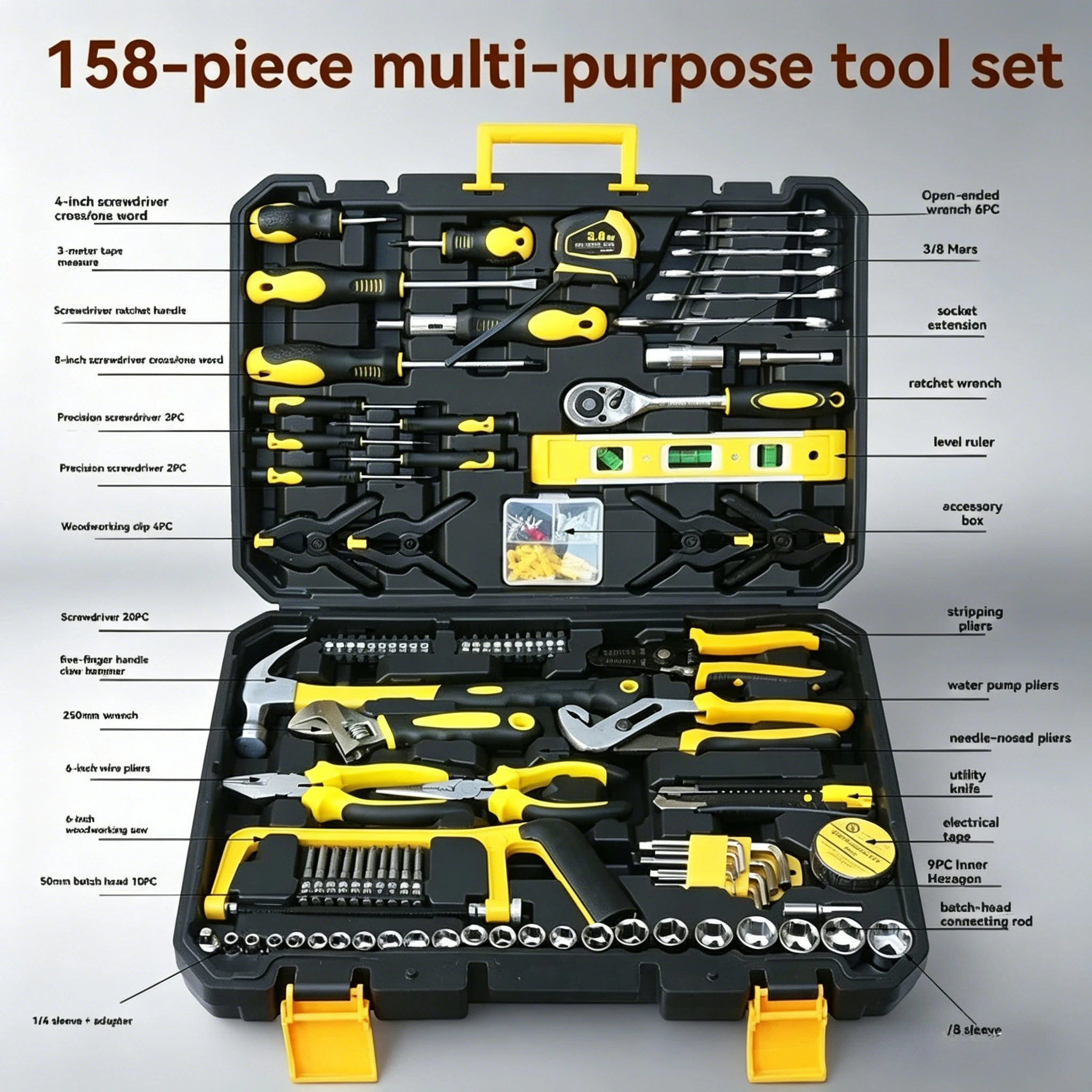 

158 pieces of professional household multi-purpose hardware manual tools, torque wrenches automotive repair kits hardware manual