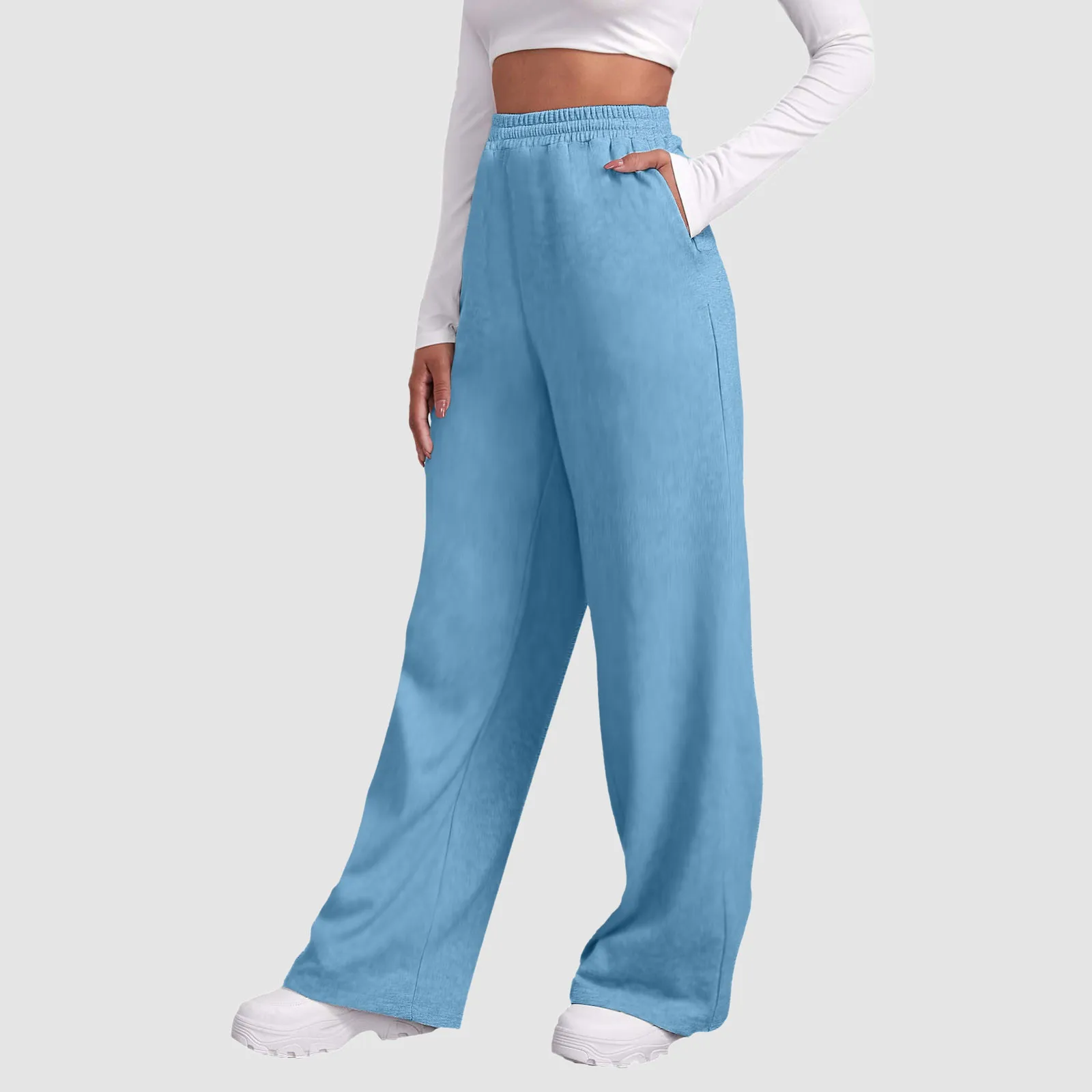 Calça de lã de perna larga feminina, calça de fundo reto, corredores de fitness simples com tudo, calça básica de viagem, 2024