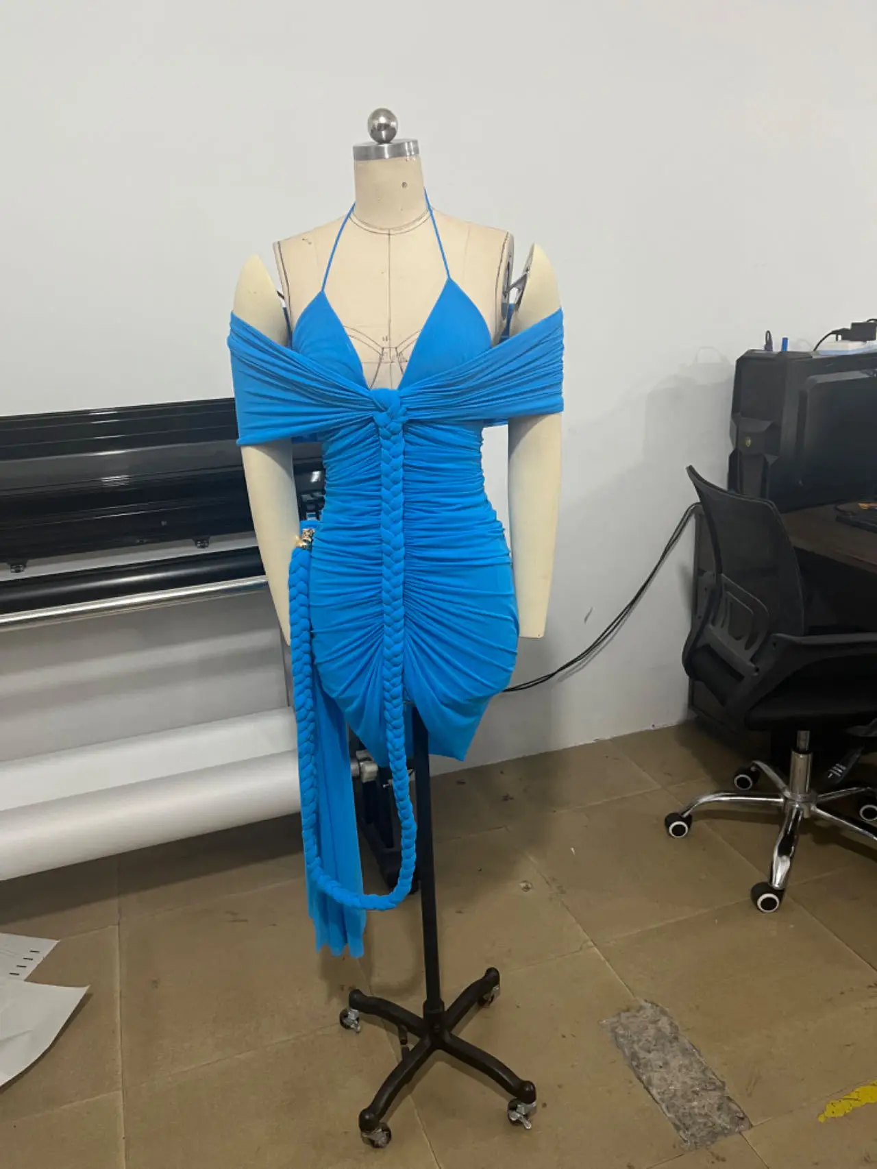 2025 Frauen Promi Sexy Liebsten Mesh Geraffte Blau Midi, Figurbetontes Kleid Elegante Abend Club Party Outfit