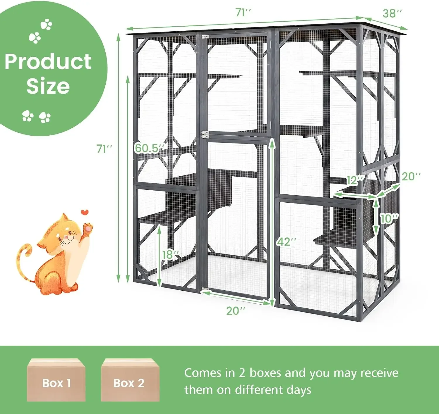 Catio outdoorové kocour ohrada velký, 72 palec vysoký dřevěný kocour dr. house s weatherproof asfalt přístřeší, kocour klec ohrádka na kolečky