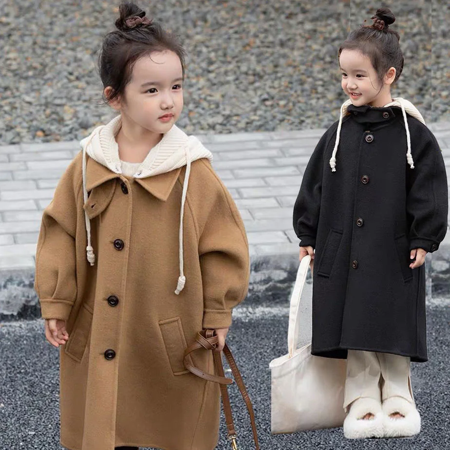 Winter New Teen Girls Woollen Overcoat Long Style Spring Hooded Single-Breasted Windbreaker For 5-14 Years Warm Fashion Jacket