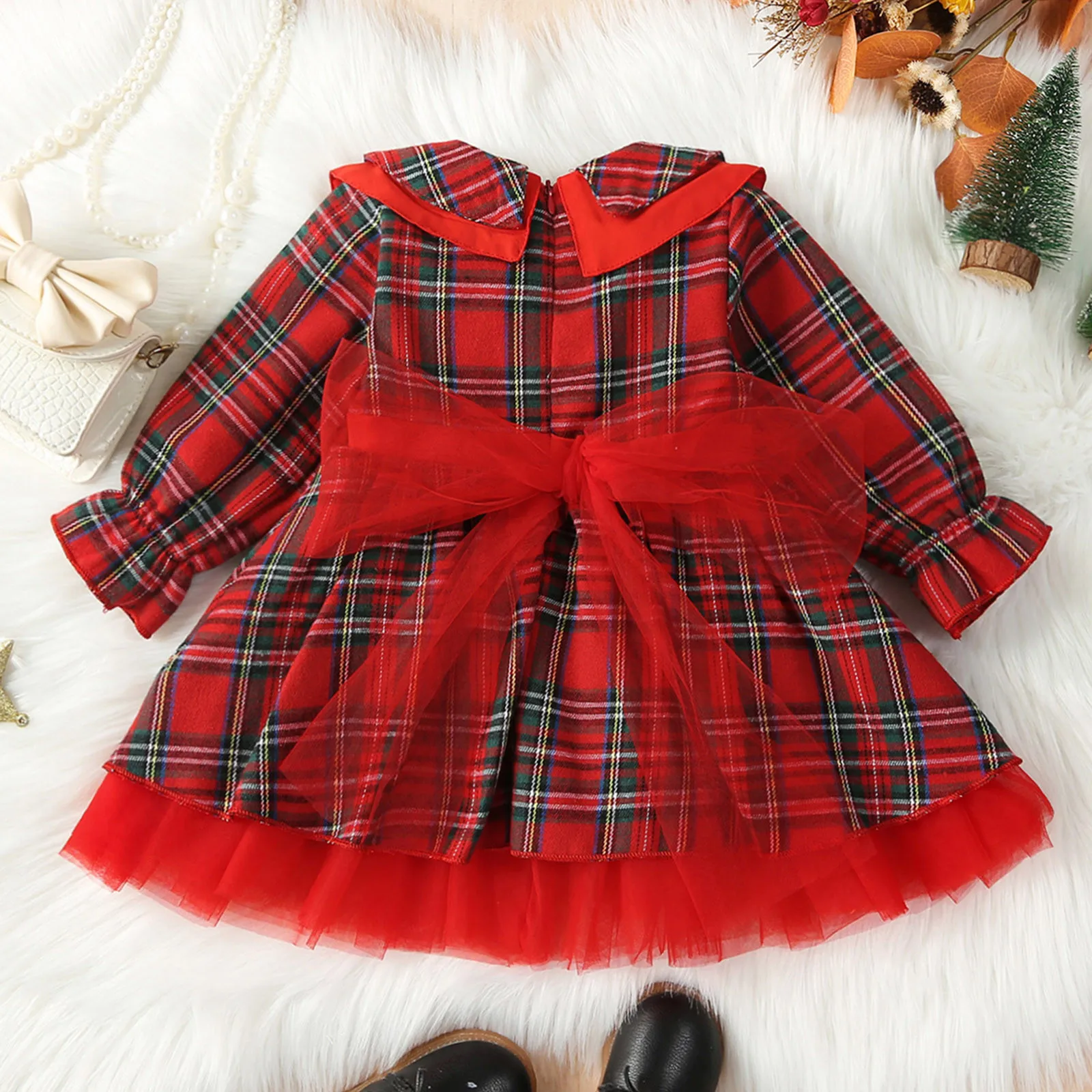 0-5Y Christmas Princess Kids Girls Autumn Dress 3 Colors Peter Pan Collar Long Sleeve Plaid Print Lace Tulle Tutu Bowknot Dress