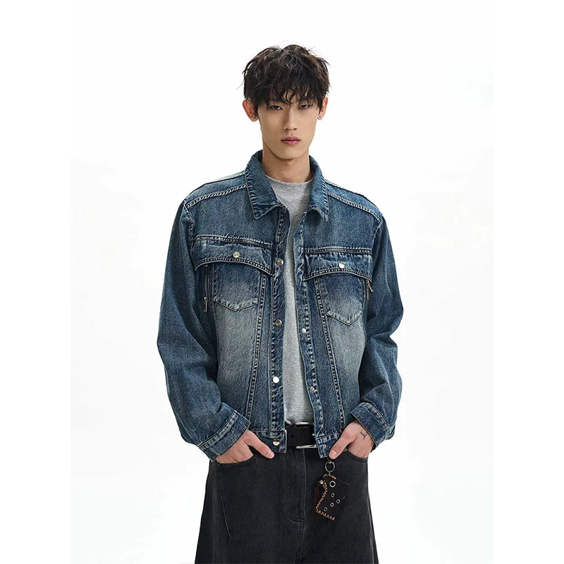 2026 Retro Washed Shoulder Padded Short Spliced Denim Jacket Design Trendy Jacket Casual Loose Fit Zipper Closure