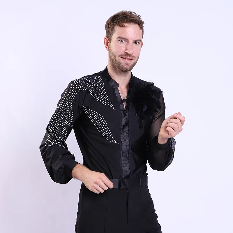 Latin Dance Shirts Männer Strass Netzgarn Langarm Wettbewerb Männer Tanz Top Rumba Samba Dance wear Herren