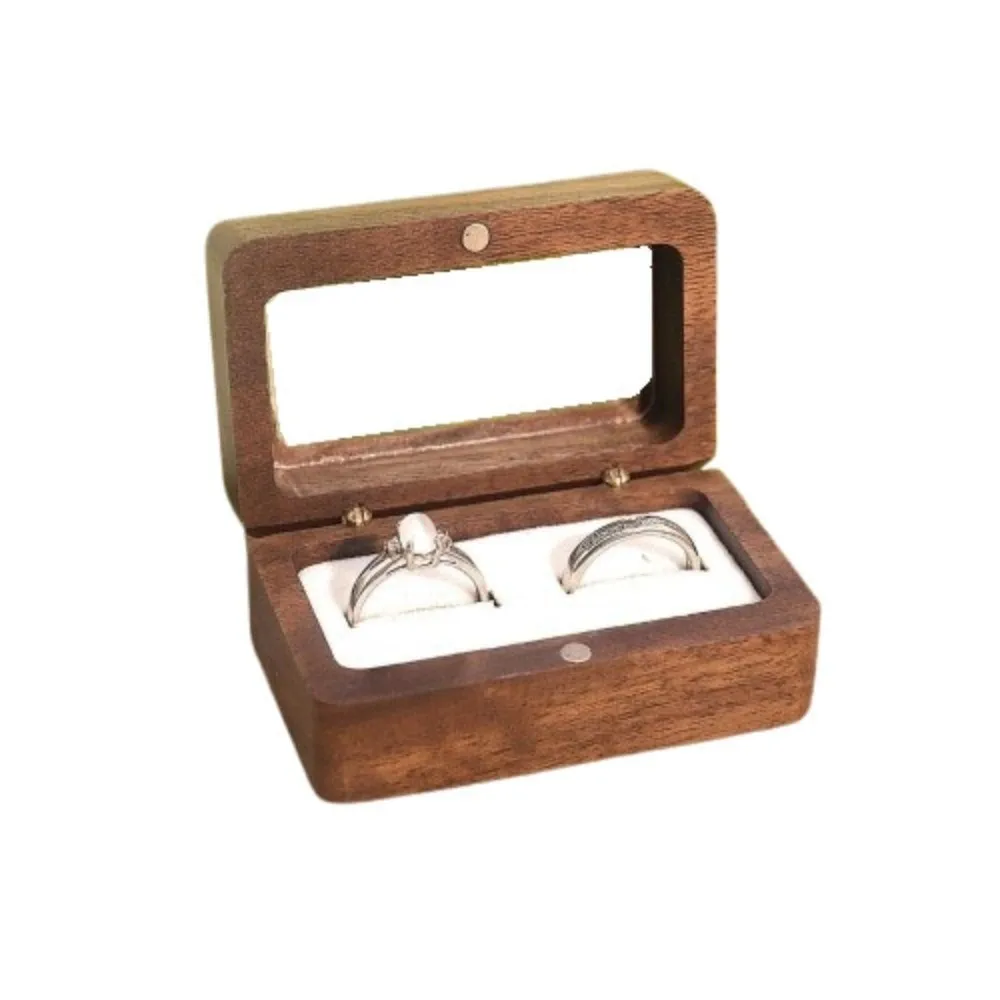 Double Slot Wooden Ring Box Rectangular Dustproof Black Walnut Cufflinks Box Opening Window Exquisite Jewelry Ring Holder