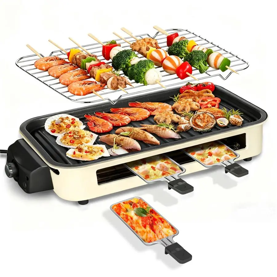 

Гриль для использования в помещении мощностью 1500 Вт, бездымный гриль 2 в 1 с антипригарной съемной решеткой и жарочной пластиной, регулировка температуры, портативный.