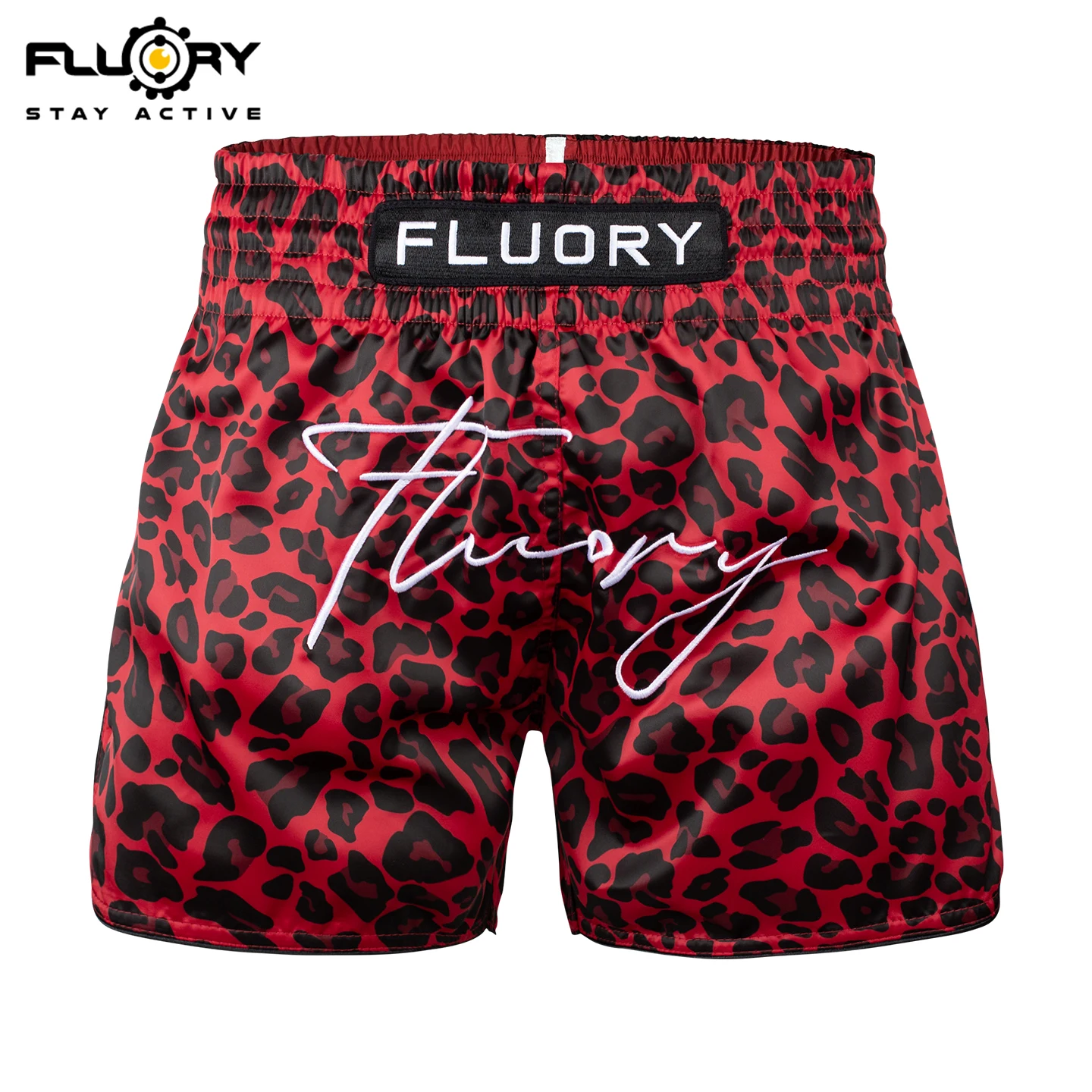 

FLUORY Muay Thai shorts, red leopard print embroidery, comfortable boxing training, casual sports pants and boxing shorts