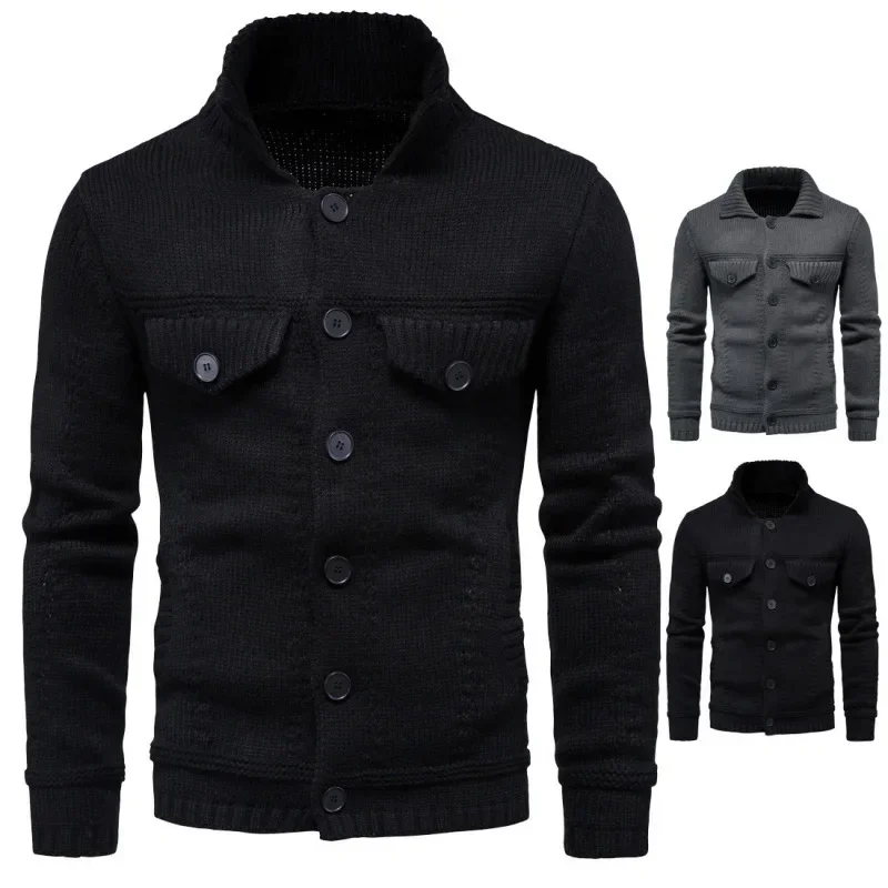 

2023 Autumn/Winter New European and American Men's Polo Cardigan Workwear Solid Color Slim Fit Sweater