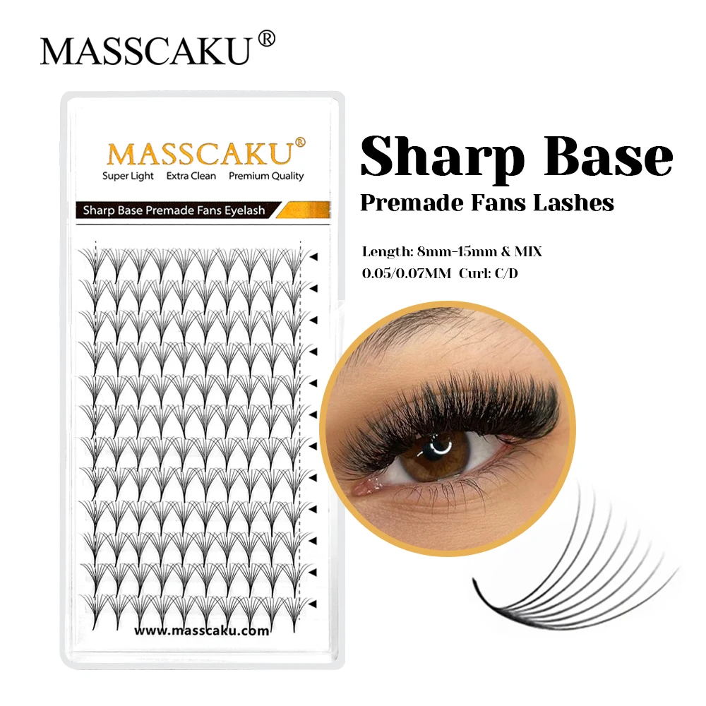 

MASSCAKU Hot Selling 0.07mm Thickness Fluffy 8D Thin Root Pointy Base Lashes Multi-texture Sharp Narrow Stem Eyelashes Supplies